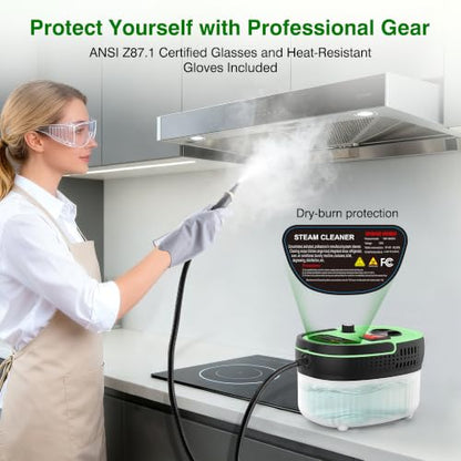 Steam Cleaner with 15-in-1 Kit, 2500W Steamer for Home & Car Detailing | 14.8ft Extended Reach, 15s Fast Heat-Up, 6-Level Adjustable, ANSI Z87.1 Safety Goggles, 45 Mins Steam, Green - color: Green