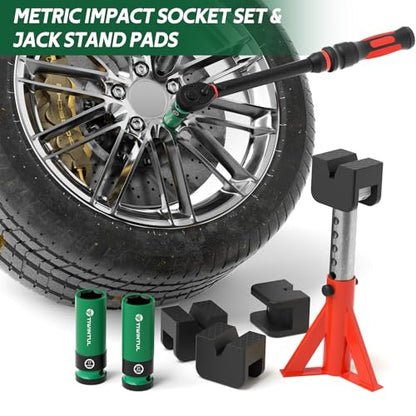 7Pcs 1/2" Wheel Protector Impact Socket Set with Jack Stand Pads | Impact Lug Nut Socket Set, Metric 17 19 21 mm, CR-MO Steel, 6-Point Thin Wall Socket Set, Universal Rubber Jack Pad Adapter - size: 7 PCS(Metric)