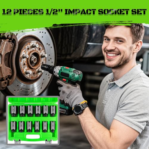 1/2 Inch Drive Deep Impact Socket Set,12 PCS Extended Socket Set, 6-Point Metric, Cr-Mo Steel - color: 12pcs 1/2" Metric