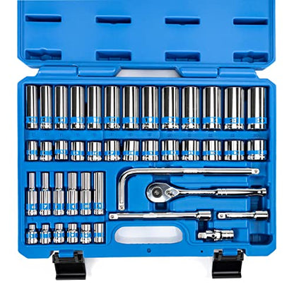 NEIKO 02512A 3/8” Drive Socket Set with Quick Release Ratchet (90 Tooth), 43 Piece Standard and Deep Metric Sizes, 6mm to 24mm, 6 Point, Universal Joint, 3/8” Extension Bars, Made with CR-V Steel - size: 3/8" Drive, style: Metric