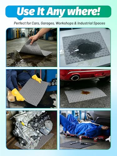 13"x9.8" Oil Absorbent Pads 10 Pack, Water Absorbent Mat, Trimmable Absorbent Sheets for Garage, Automotive, Workshop, Handles Oil, Coolant, Water & Chemicals
