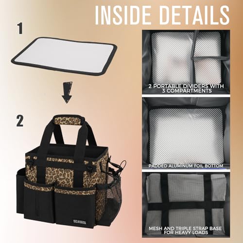 SCAVATA Compact Wearable Cleaning Caddy, Leopard | Small Cleaning Supplies Organizer with Handle & Shoulder Straps, Under Sink & Car Cleaning Tools Storage Bag for Housekeepers - color: Leopard