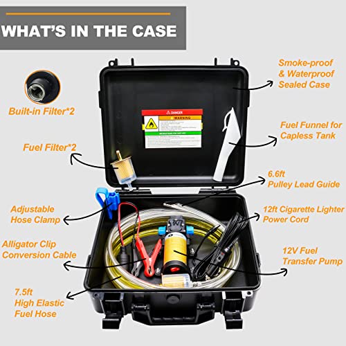 12V Fuel Transfer Pump Set, Moves Up to 85 Gallons Of Gas or Diesel Per Hour with Upgraded Carrying Case & Pulley Lead Pipe, for Vehicles, Boats, Equipment, Gasoline, Diesel (70W Boost Kit) - color: 85Gal/hr