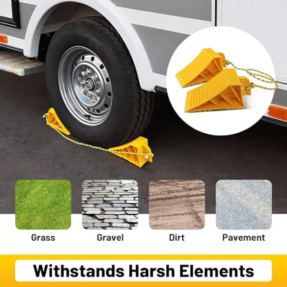 HOXWELL 1 Pair Wheel Chocks with Rope & Handle Design for Travel Trailers, Non Slip Yellow Wheel Chock, Lightweight Wheel Stoppers for Cars Campers Trucks RVs, Easy to Carry - color: Yellow-1 Pair