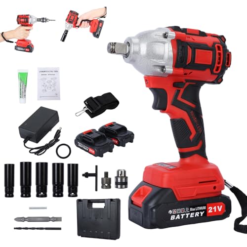 Cordless Impact Wrench - 21V Brushless Motor, 520Nm High Torque, 1/2 Inch Electric Impact Driver, Includes 2 x 1500mAh Batteries - Ideal for Car, Lawn Mower, Red