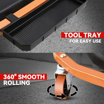Auto Dynasty 42.5 Inches Mechanic Creeper, Automotive Garage Repair Low Profile Under Car Rolling Creeper with 3-Level Adjustable Padded Headrest and Side Tool Tray, Steel, Orange - color: Orange