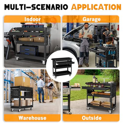 3 Tier Tool Cart on Wheels with Drawers - Three Tier Rolling Cart with Lockable Storage - Mechanic Tool Chest - Tool Chest with Wheels Used in Garage, Indoors, Workshop (Black)