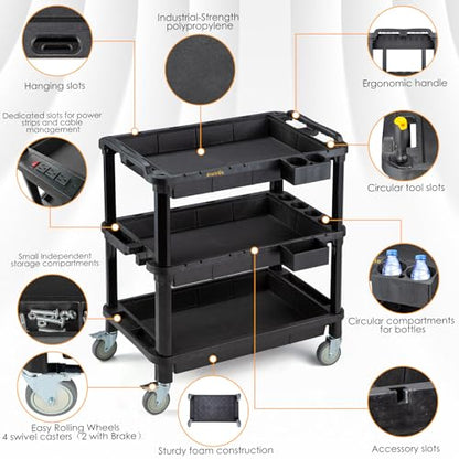 ELAFROS 3-Shelf Heavy Duty Rolling Utility Cart, 32.4 x 18.3 in | Multi-Use Service Tool Cart, 500 lbs Capacity, Deep Shelves, Industrial-Grade Plastic Cart, Mobile Work Organizer - style: Standard