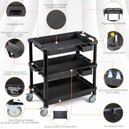 ELAFROS 3-Shelf Heavy Duty Rolling Utility Cart, 32.4 x 18.3 in | Multi-Use Service Tool Cart, 500 lbs Capacity, Deep Shelves, Industrial-Grade Plastic Cart, Mobile Work Organizer - style: Standard