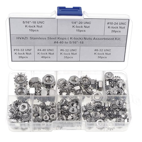 170PCS #4-40 to 5/16"-18 SAE Stainless Steel Keps K-Lock Hex Nut Kit | 304 Stainless Hex Nuts with 420 Steel Lock/Tooth Washers, UNC & UNF Anti-Vibration Fastener Set w/ Box