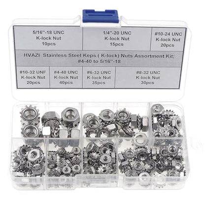 170PCS #4-40 to 5/16"-18 SAE Stainless Steel Keps K-Lock Hex Nut Kit | 304 Stainless Hex Nuts with 420 Steel Lock/Tooth Washers, UNC & UNF Anti-Vibration Fastener Set w/ Box