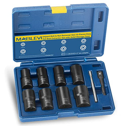 MABLEVI 10 PCS Bolt Nut Extractor Set, 1/2" Drive Impact Lug Nut Remover Socket Tool with Center Punch Bar for Damaged, Frozen, Studs, Rusted, Rounded-Off Bolts, Nuts & Screws - size: 10-piece