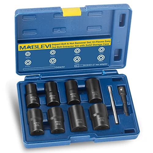 MABLEVI 10 PCS Bolt Nut Extractor Set, 1/2" Drive Impact Lug Nut Remover Socket Tool with Center Punch Bar for Damaged, Frozen, Studs, Rusted, Rounded-Off Bolts, Nuts & Screws - size: 10-piece