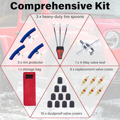 ecocstm 12.2 Inch Tire Spoons, Dirt Bike Tire Changing Tools, Tire Changing Kit, Tire Removal Tool, with Rim Protector, Valve Tool, Valve Cores and Caps, for Motorcycle/Lawn Mower/Tractor/Bicycle | Tire Removal Tool, with Rim Protector, Valve Tool, Valve