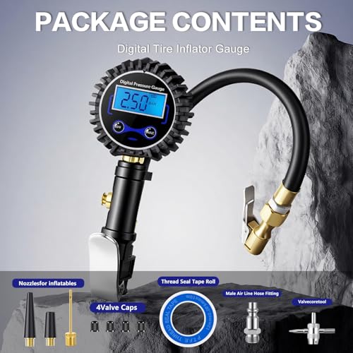 Digital Tire Pressure Gauge with Inflator 250 PSI | Heavy Duty Air Chuck & Compressor Accessories with Quick Connect Coupler and Rubber Hose for Cars, Inflatables