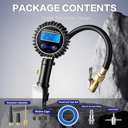 Digital Tire Pressure Gauge with Inflator 250 PSI | Heavy Duty Air Chuck & Compressor Accessories with Quick Connect Coupler and Rubber Hose for Cars, Inflatables
