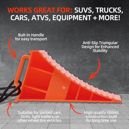 Homeon Wheels RV Camper Large Wheel Chocks Extra Wide with Handle and Rope for Travel Trailers, Cars, Tire Chocks Blocks 2 Packs Hard Plastic Heavy Duty(Red) - color: Red Large Chocks