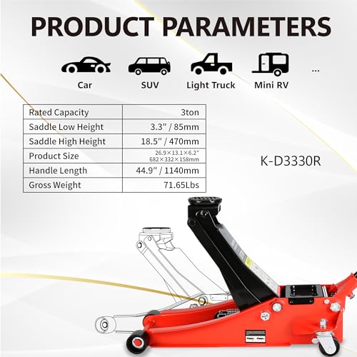 3T Low Profile Steel Floor Jack, 6600 lb, Dual Pump, 3.3"-18.5" Lift, Red | Heavy-duty steel. Dual piston quick lift. Low profile design. 3.3" entry, 18.5" max. Overload safety protection. - size: 3T Dual Pump 3.3"-18.5"(Red)
