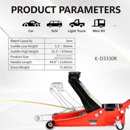 3T Low Profile Steel Floor Jack, 6600 lb, Dual Pump, 3.3"-18.5" Lift, Red | Heavy-duty steel. Dual piston quick lift. Low profile design. 3.3" entry, 18.5" max. Overload safety protection. - size: 3T Dual Pump 3.3"-18.5"(Red)