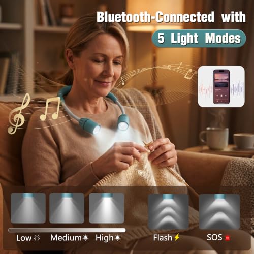 LED Neck Light with Bluetooth Speaker,Bendable Book Light 2600mAh | Reading Light,5.7oz adjustable angle,5 modes 80H+,500 lumens rechargeable,for camping hiking Knitting reading repairing,Blue - color: Cyan