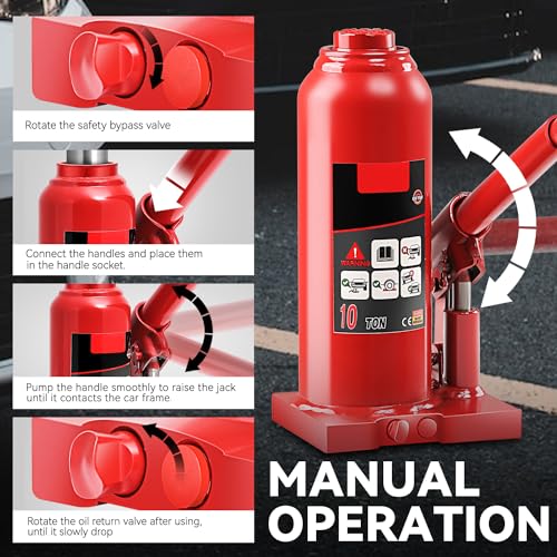 Auto Dynasty 10 Ton Hydraulic Bottle Jack, Automotive Welded Bottle Jack for Car, Pickup Truck, RV, Auto Repair, 9" to 18" Lifting Range (Red) - color: Red, size: 10 Ton