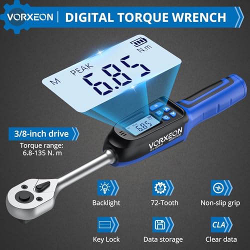 Digital Torque Wrench 3/8 inch Drive with Preset Value, Track and Peak Modes, LED and Buzzer Alerts, 4 Units of Measure for Bike Motorcycle Car, 4.9-99.6 Ft-Lb/6.8-135 Nm