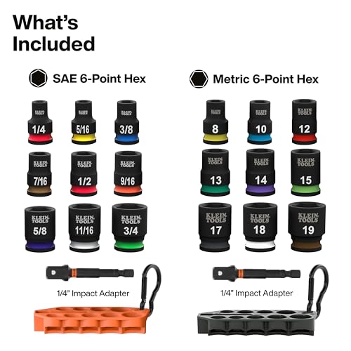 Klein Tools 80207 Grab-And-Go Impact Socket Sets, SAE and Metric, 20-Piece Set with Sleeves, Carabiners, 3/8-Inch Drive, Color-Coded, 1/4-Inch to 3/4-Inch, 8 mm to 19 mm Sockets - size: 20-Piece