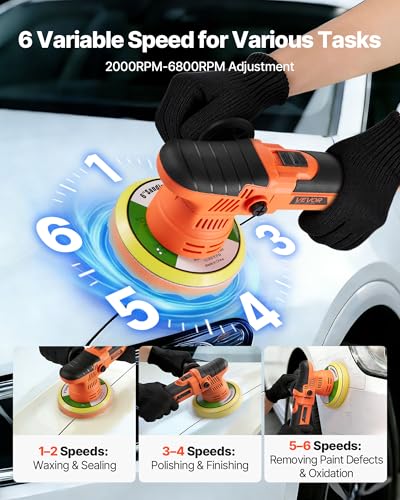 VEVOR Car Buffer Polisher, 6-Inch Dual Action Polisher Buffer Waxer, 650W 6 Variable Speeds 2000-6800RPM Random Orbital Polisher Kit for Cars Detailing, Waxing, Polishing - size: 6"