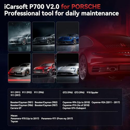 iCarsoft P700 V2.0 Diagnostic Scanner for Porsche from 1996 to 2025 9 Essential Services Full System Diagnosis Scan OBD2 Code Reader Battery/O2 Sensor/EVAP Test AutoVIN Lifetime Free Software Update - style: P700 V2.0 for Porsche