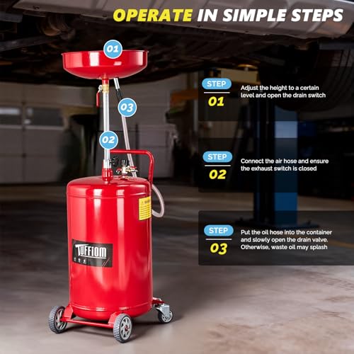 TUFFIOM 20 Gallon Waste Oil Drain Tank with Wheels & Handle, Adjustable Funnel Height Air-Operated Oil Drainer, Large Capacity Leak-Proof Oil Drain Container for Auto Fluids, Garage, Red