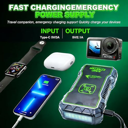 K10A 1000A Jump Starter, Portable Car Battery Jump Starter with Air Compressor, 12V Lithium Battery Booster Pack, Power Bank & Jumper Cables for 6.0L Gas & 3.0L Diesel Engines