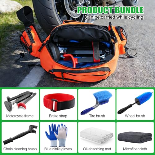 7-piece motorcycle cleaning kit, including Portable Lift Jack for Chain Maintenance & Wheel Cleaning with Chain Brush, Tire and Wheel Brush, Oil-Pads,Universal Fit for Dirt Bike, Motorcycle