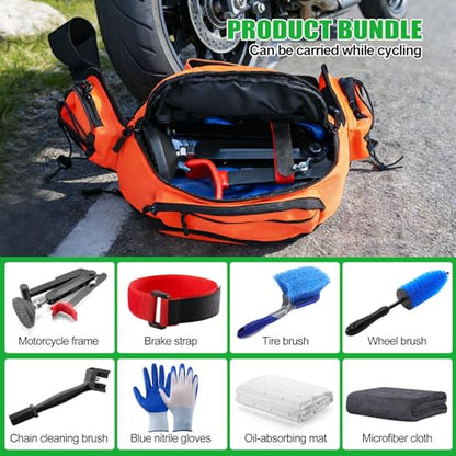 7-piece motorcycle cleaning kit, including Portable Lift Jack for Chain Maintenance & Wheel Cleaning with Chain Brush, Tire and Wheel Brush, Oil-Pads,Universal Fit for Dirt Bike, Motorcycle