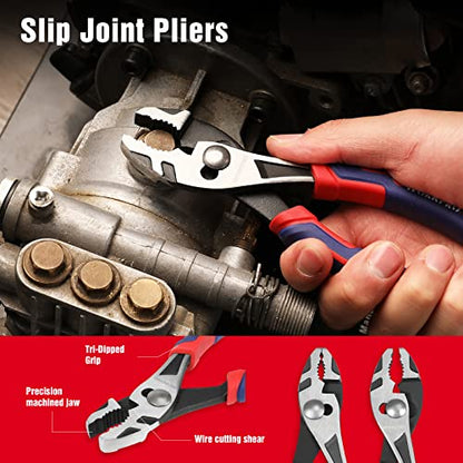 WORKPRO 4-Piece Pliers Set | Premium CR-V Construction Tool Set Including Long Nose, Diagonal Cutting, Groove Joint and Slip Joint Pliers - Red - color: Red
