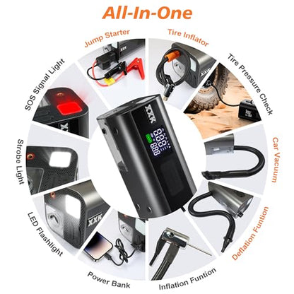 160PSI Tire Inflator Portable 2000A Car Jump Starter,20000mAh | 15000PA Vacuum With Digital Pressure Gauge,Power Bank With Led Light,Suck&Blow Function,For Car,Bicycle,Balls