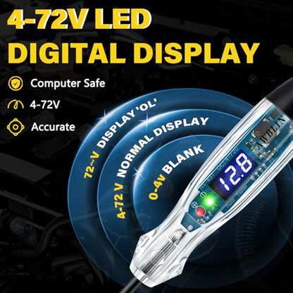 AWBLIN Upgraded Automotive Buzzer Test Light 4-72V DC Digital LED Circuit Tester, Heavy Duty Light Tester with Voltmeter, Auto Bidirectional Voltage Tester Electric Test Pen