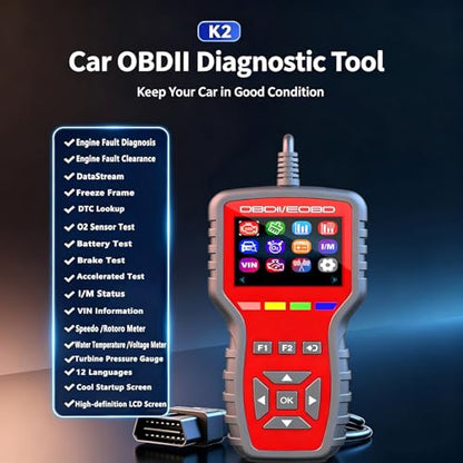 OBD2 Scanner and Battery Tester 2-in-1,Read and Clear Error Codes | Live Data, Freeze Frame,Car Code Reader and Engine Fault Diagnostic Tool for 1996+ OBDII Protocol Cars，red