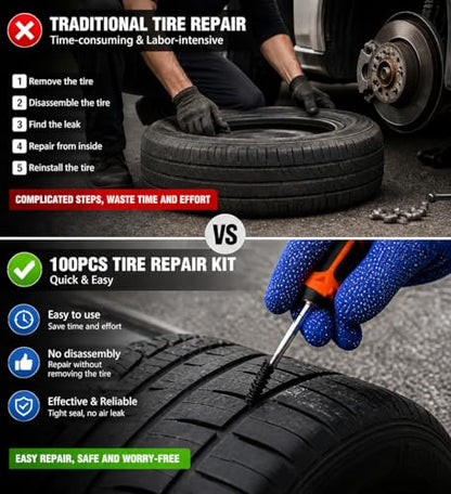 100PCS tire Repair Rubber Nail kit,Fix Without Tire Removal,Three Sizes tire Screw Plugs Tread Repair for Car,Truck,Motorcycle,SUV,Includes Tools Portable Case.