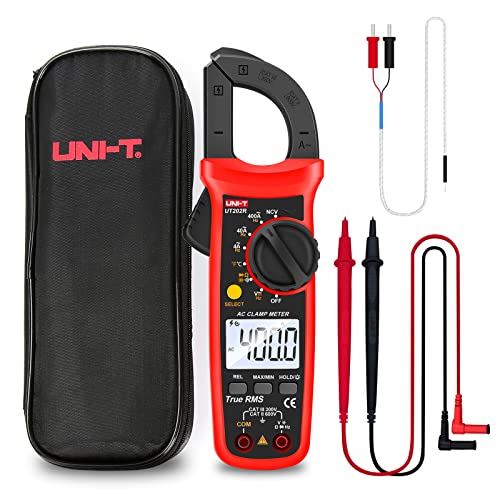UNI-T Digital Clamp Meter UT202R AC Current TRMS Volt Amp Ohm Meter HVAC Clamp On Multimeter, Auto Ranging 4000Counts Temperature AC DC Voltage Frequency Resistance Capacitance Continuity Diode Tester - size: UT202R