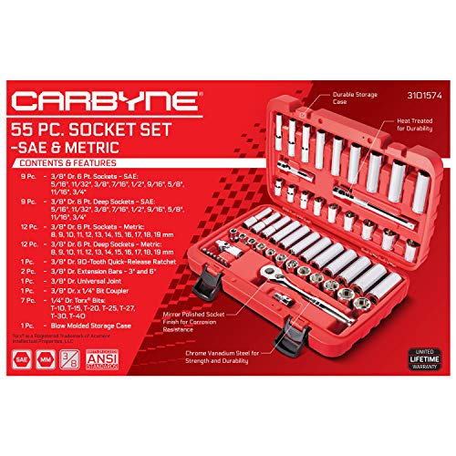 CARBYNE 55-Piece 3/8 in. Drive Socket and Ratchet Set, SAE and Metric, 6 Point, CrV Steel, 90-Tooth Ratchet, Deep and Standard Sockets, Storage Case