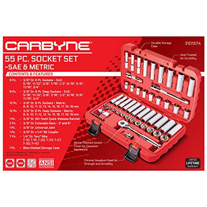 CARBYNE 55-Piece 3/8 in. Drive Socket and Ratchet Set, SAE and Metric, 6 Point, CrV Steel, 90-Tooth Ratchet, Deep and Standard Sockets, Storage Case