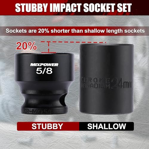 MIXPOWER 12-Piece 3/8" Drive Stubby Impact Socket,CR-MO,5/16"-1",6-Point,SAE,Radius Corner Design, Axle Nut Impact Grade Socket for Easy Removal - size: 3/8" Drive / SAE Set