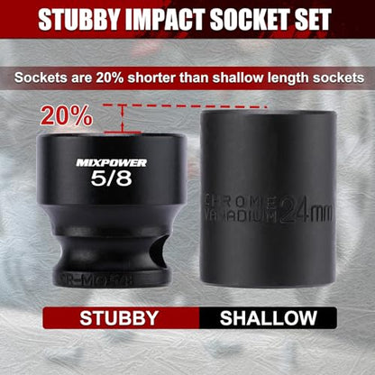 MIXPOWER 12-Piece 3/8" Drive Stubby Impact Socket,CR-MO,5/16"-1",6-Point,SAE,Radius Corner Design, Axle Nut Impact Grade Socket for Easy Removal - size: 3/8" Drive / SAE Set