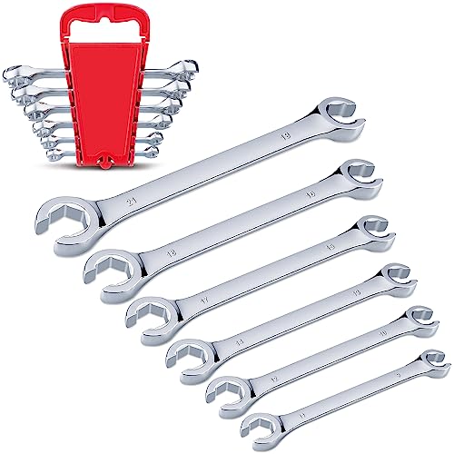 EFFICERE 6-Piece Double-End Metric Flare Nut Wrench Set with Rack, Size 9, 10, 11, 12, 13, 14, 15, 16, 17, 18, 19, 21mm | Cr-V Steel, 6-Point Head, Best Line Wrench for Fuel, Brake, Air Conditioning - size: Metric Set, 6-Piece