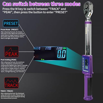Digital Torque Wrench 1/2 Drive, (8.1-147.5 FT-LB/11-200N.M) ±2% High Accuracy Digital Torque Wrench, With Vibration, Buzzer and LED Alert - size: 1/2-inch (8.1-147.5 Ft-lbs./11-200Nm)