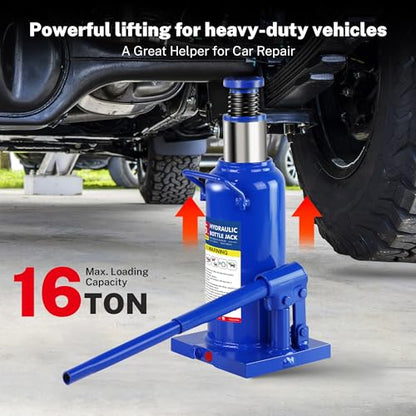 16T Hydraulic Bottle Jack, 32,000 lbs, with Tire Kit | Industrial jack for construction & farm. 9.06"-17.32" lift. Carry handle. Portable. - color: 16 Ton Basic with Tire Repair Kit
