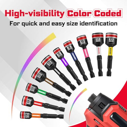 Geinxurn Impact Nut Driver Set, 10 Pieces 2.56”Long 1/4”5/16”3/8”7/16” 1/2”6 Point Alloy Steel Magnetic SAE Nut Setter Set Use For Require Installing 1/4 Hex Shank Impact Driver with Case Box - size: 2.56", style: MIXS-10pcs