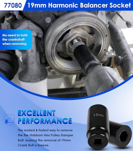 77080 Harmonic Balancer Socket Tool for Honda 19mm Crank Bolt Socket, 3 Times Momentum Power of Standard Impact Socket with Deep Counter-Weighted Design for Stronger Torque - size: 19mm