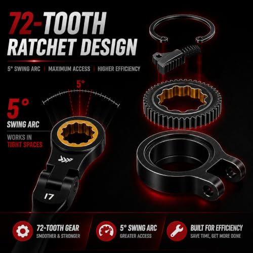 16PCS Stubby Flex Head Ratcheting Wrench Set, SAE & Metric Combination Gear Wrenches, 72-Tooth Short Handle Ratchet Spanner Set for Tight Spaces, Auto Repair & Garage Maintenance, 8-17mm & 5/16"-3/4"