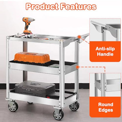 Stainless Steel Utility Cart on Wheels, 3-Tier Tool Cart with Wheels | 1100 lbs Commercial Rolling Service Cart for Garage Workshop Warehouse Mechanic Kitchen, 18.1" D x 30.7" W x 36.2" H